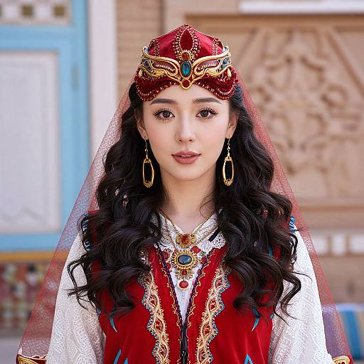 Woman in Traditional Central Asian Red and Gold Attire with Jewelry