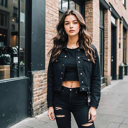 Young Woman in Black Cropped Jacket and Distressed Jeans on Urban Sidewalk