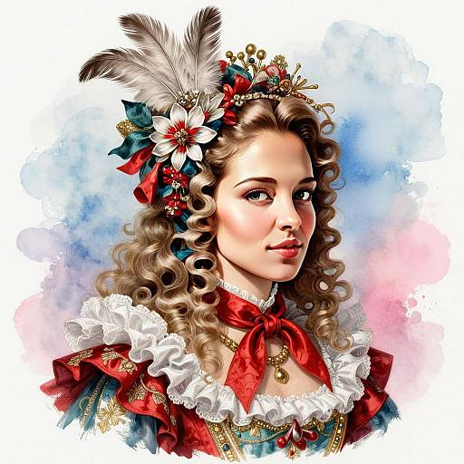 Rococo Style Portrait of Woman in Ornate Costume with Feathers and Floral Accessories