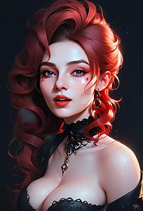 Digital Portrait of Woman with Red Curls and Gothic Jewelry