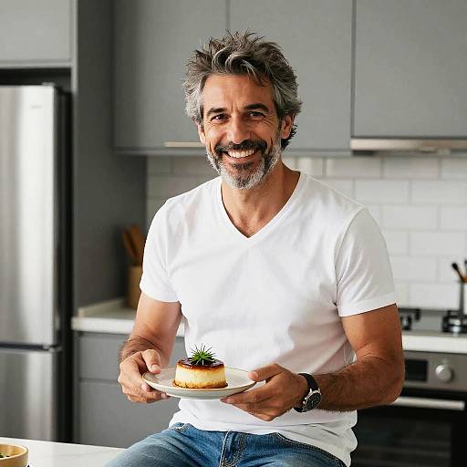 Middle-Aged Man Enjoying Dessert in Modern Kitchen