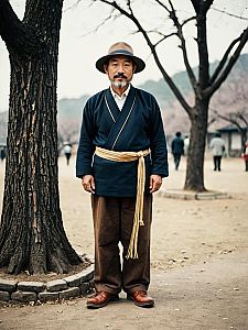 Asian Man in Traditional Modern Attire Standing Outdoors by Tree