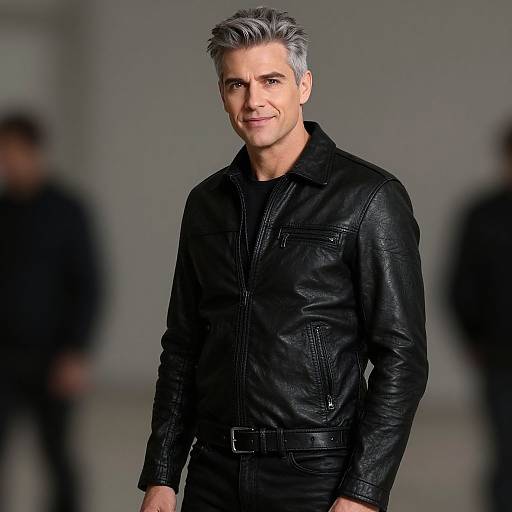 Middle-Aged Man in Stylish Black Leather Jacket with Gray Hair