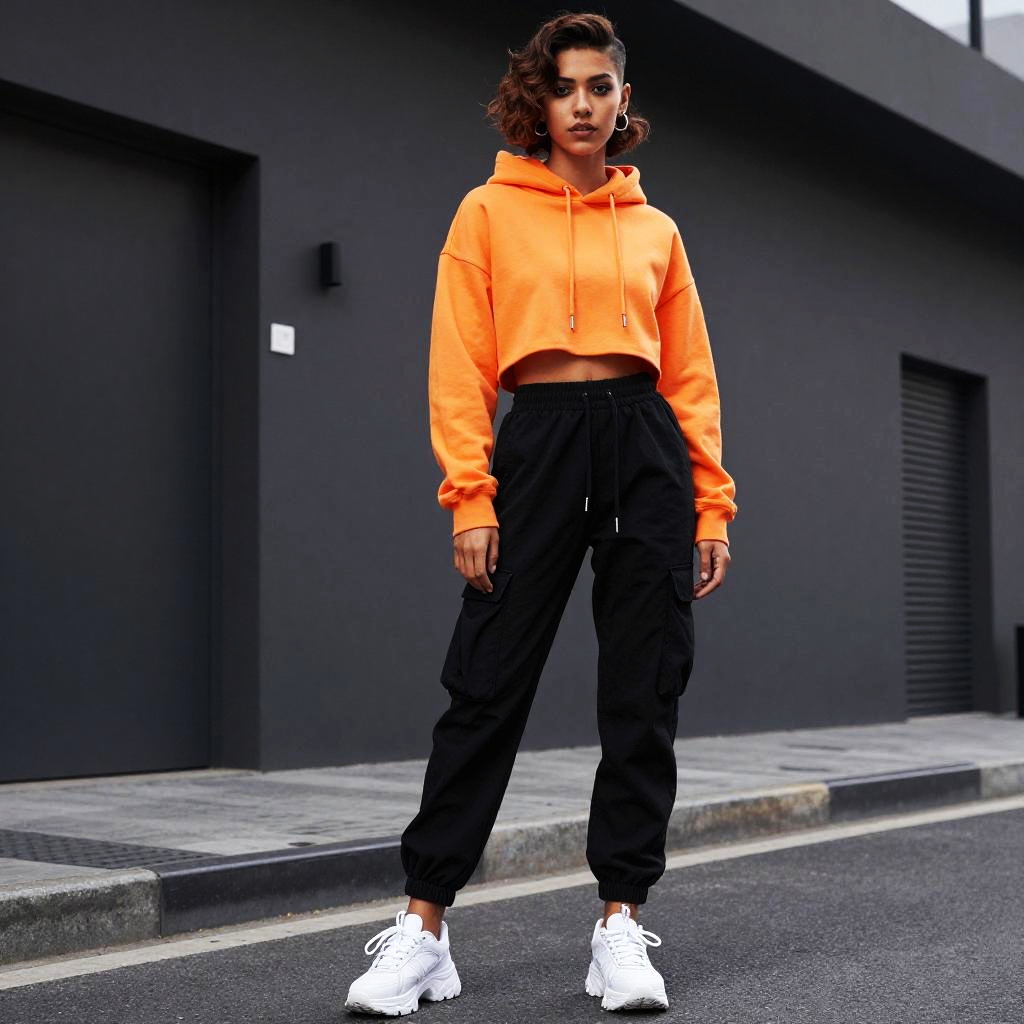Trendy Woman in Orange Cropped Hoodie and Black Cargo Pants on Urban Street