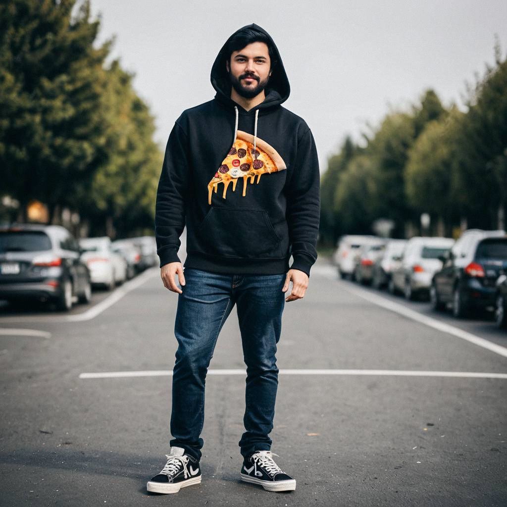 Man in Black Hoodie with Pizza Graphic on Street Man in Black Hoodie with Pizza Graphic on Street
