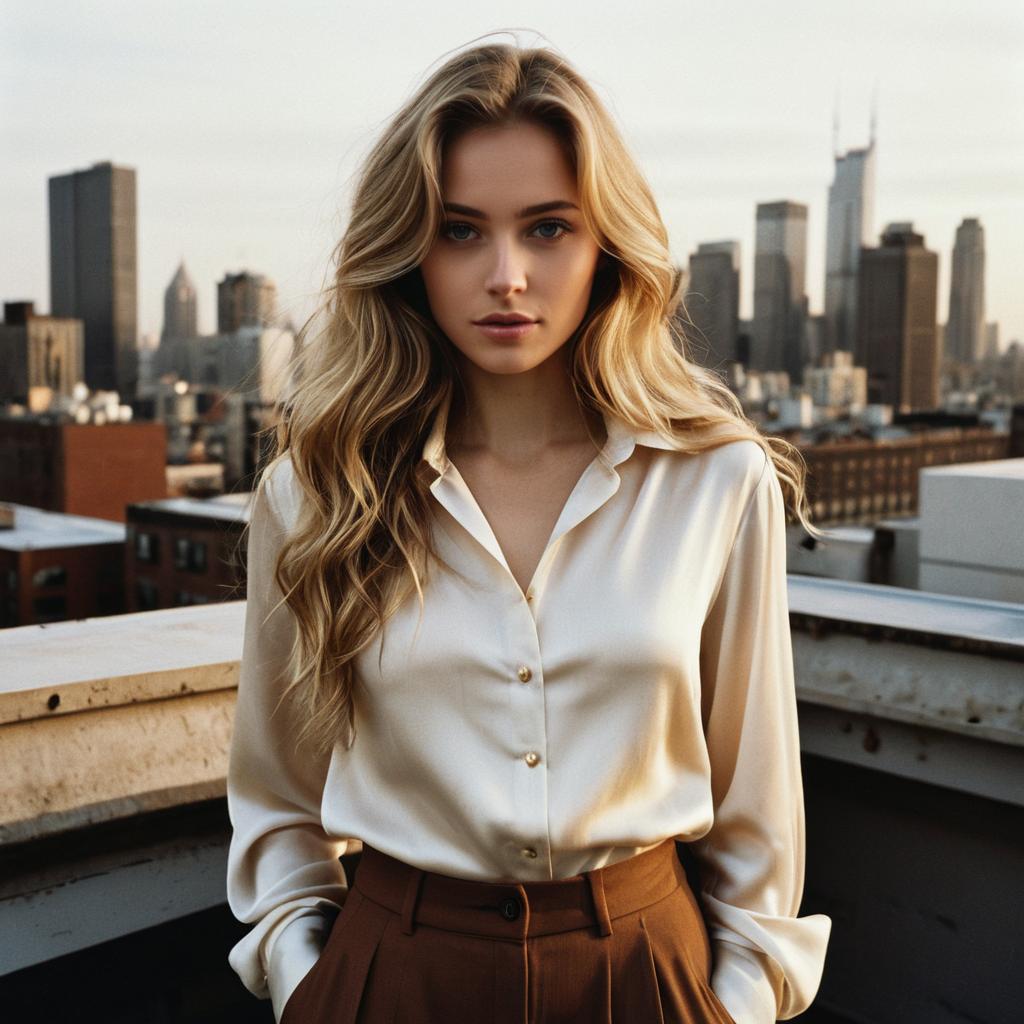 Young Woman in Silk Blouse on Urban Rooftop with City Skyline