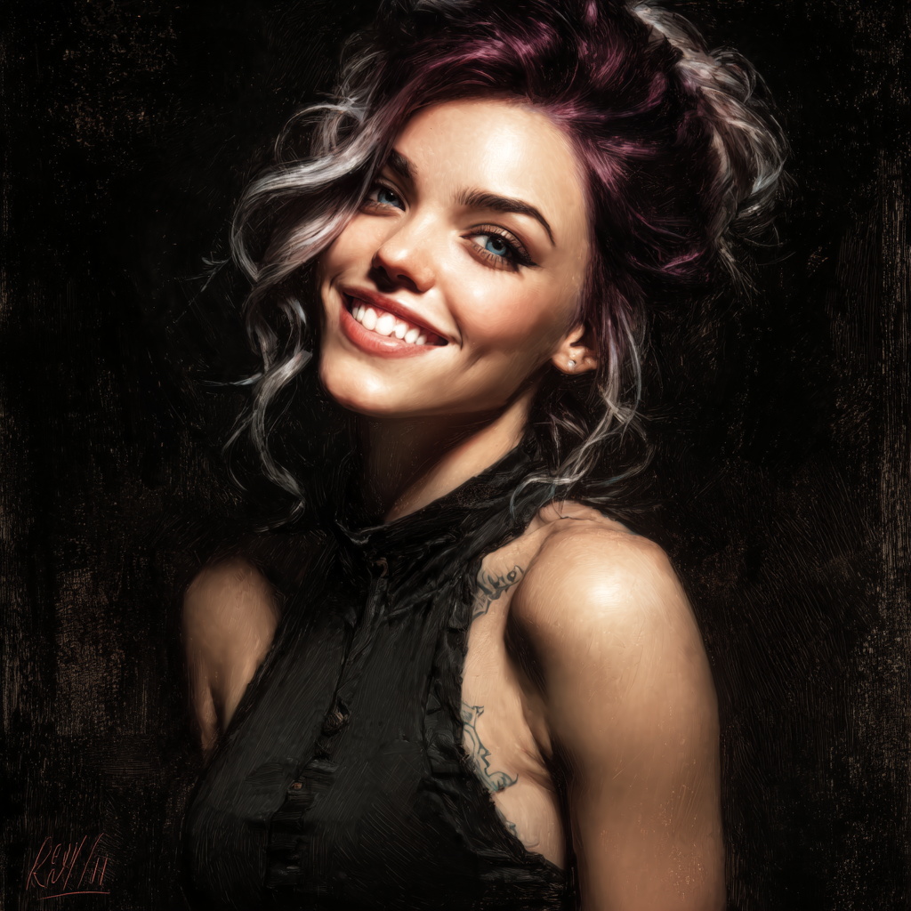 Young Woman Smiling with Purple Hair and Tattoo Portrait