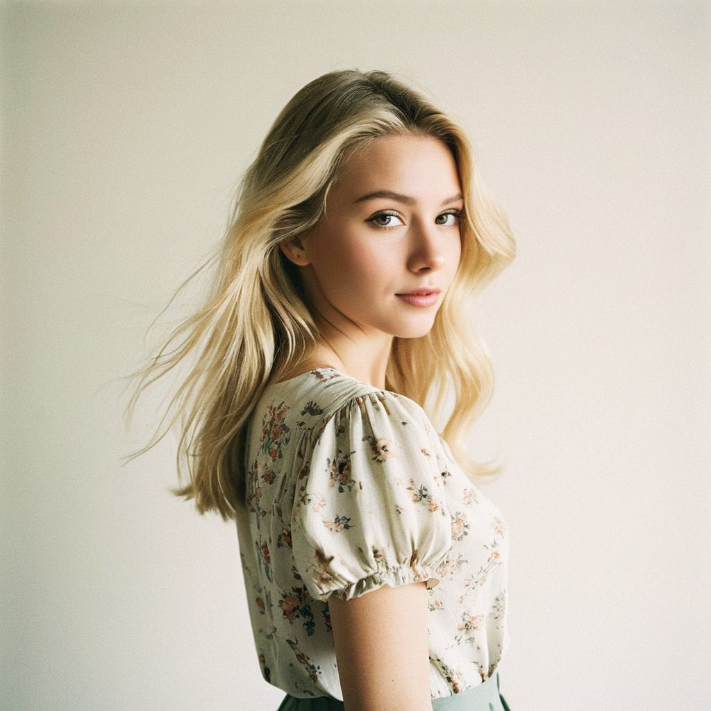 Young Blonde Woman in Floral Blouse Young Blonde Woman in Floral Blouse