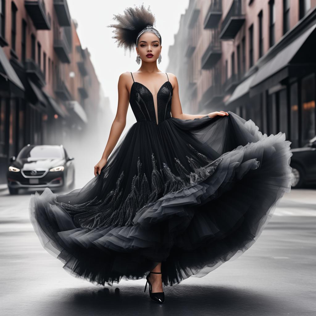 Model in Dramatic Black Ball Gown on City Street