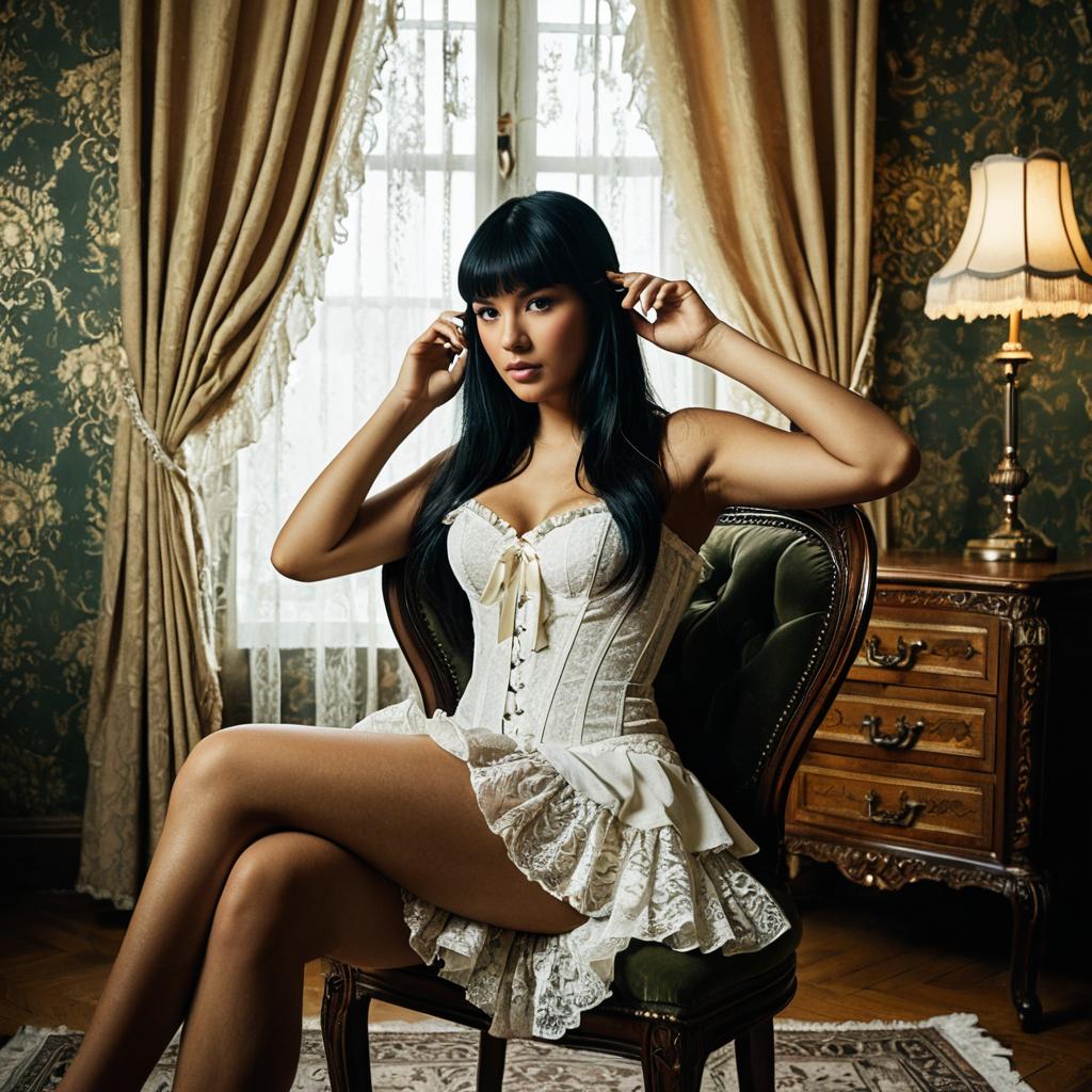 Elegant Woman in White Corset Dress Posing in Vintage Room