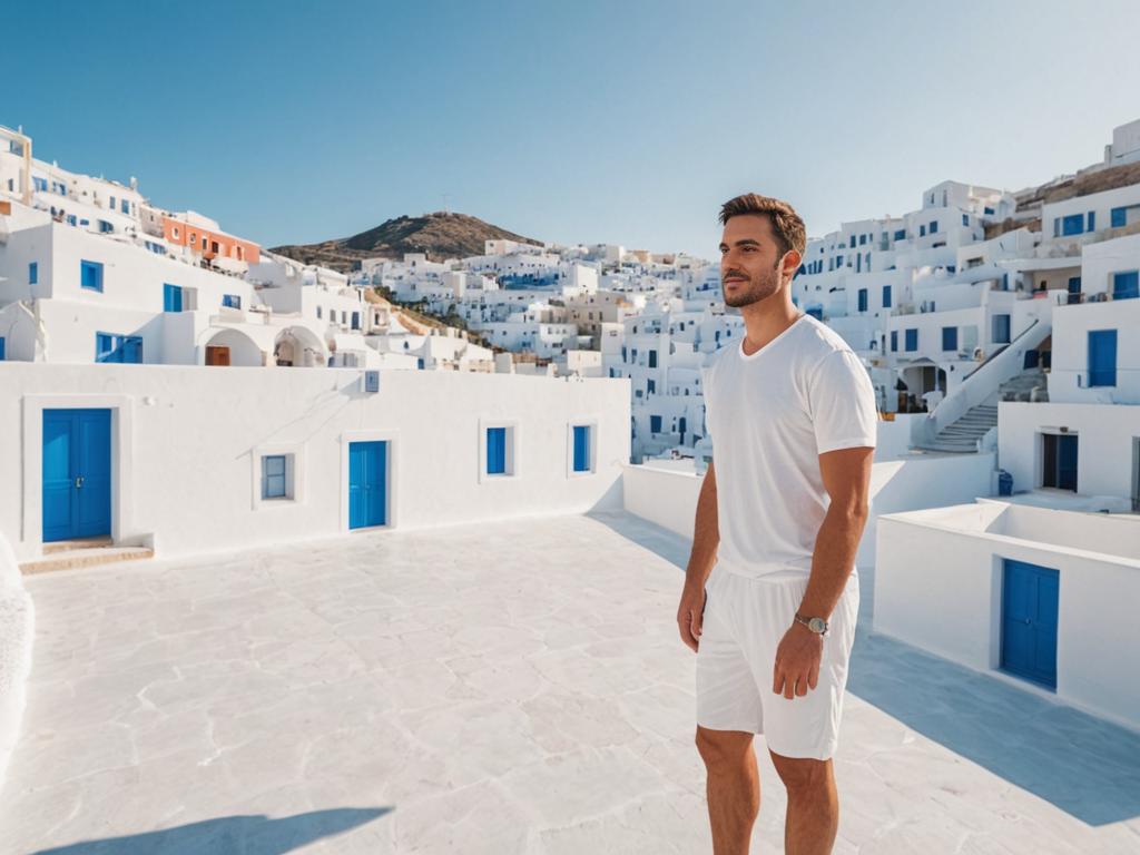 Man in front of Santorini's white architecture and blue doors