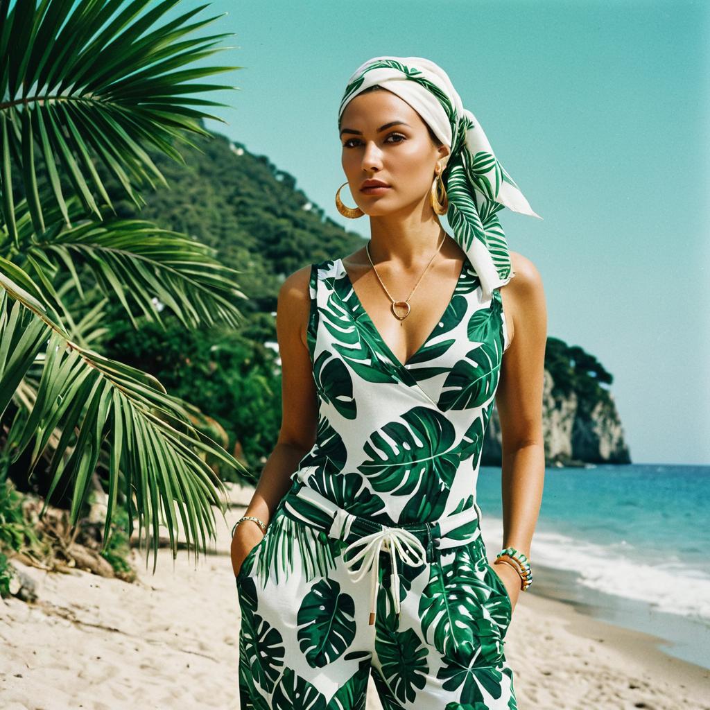Tropical Style Woman in Leaf-Print Jumpsuit on Beach