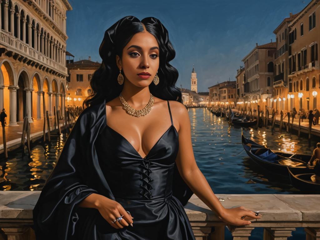 Elegant Woman by Venetian Canal at Dusk