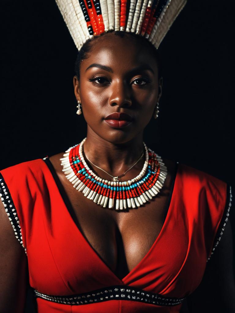 Zulu Woman in Traditional Red Dress and Beaded Headpiece