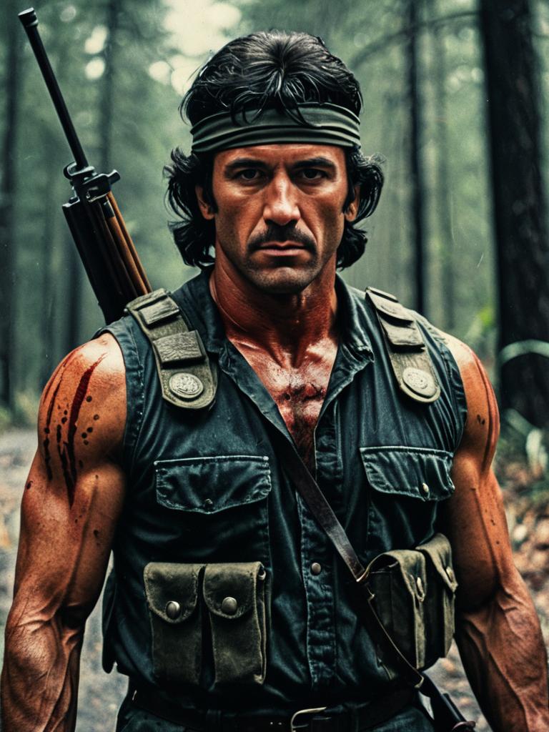 Man in Rambo First Blood Costume Photorealistic Cinematic Portrait