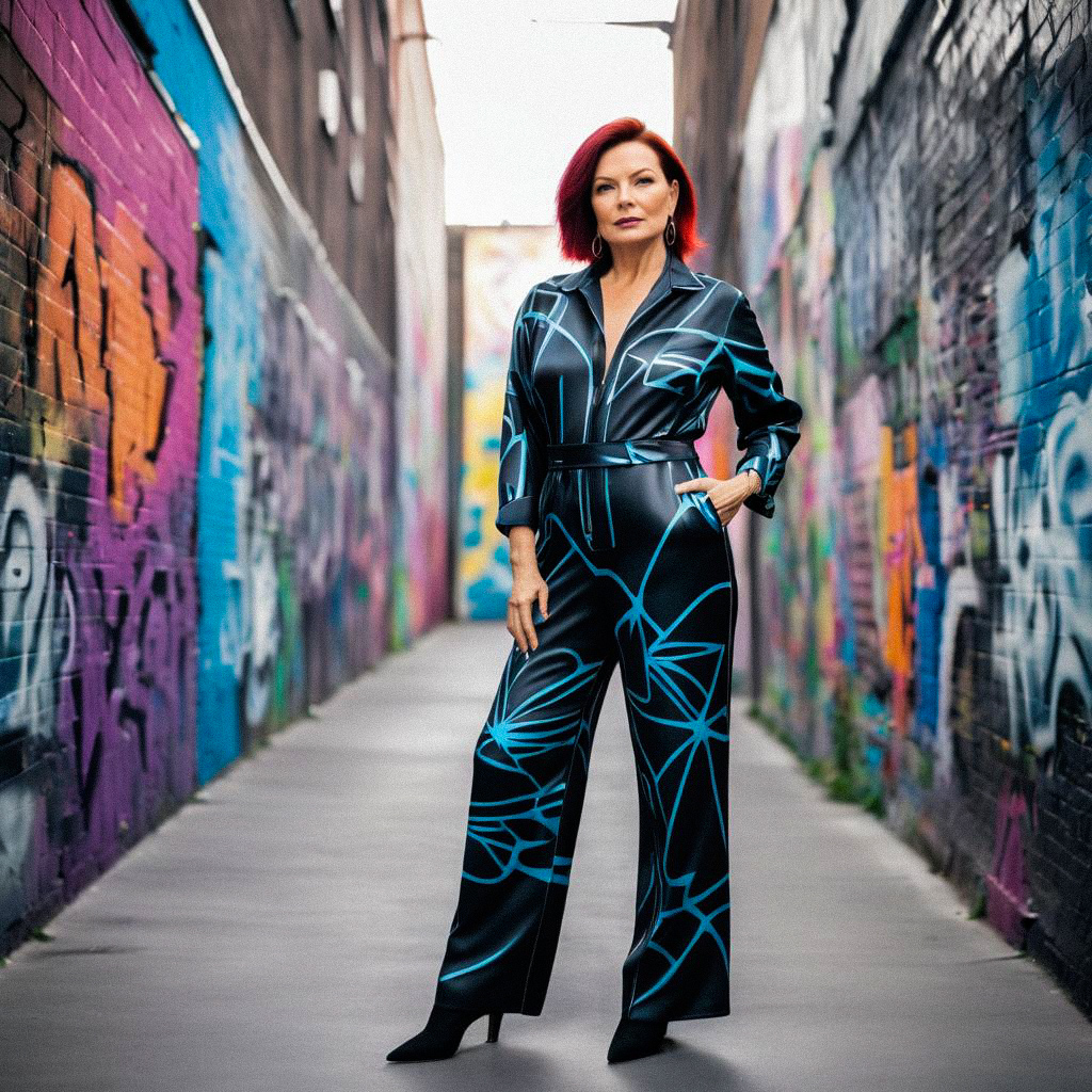 Stylish Woman in Black Jumpsuit with Blue Patterns in Urban Alley