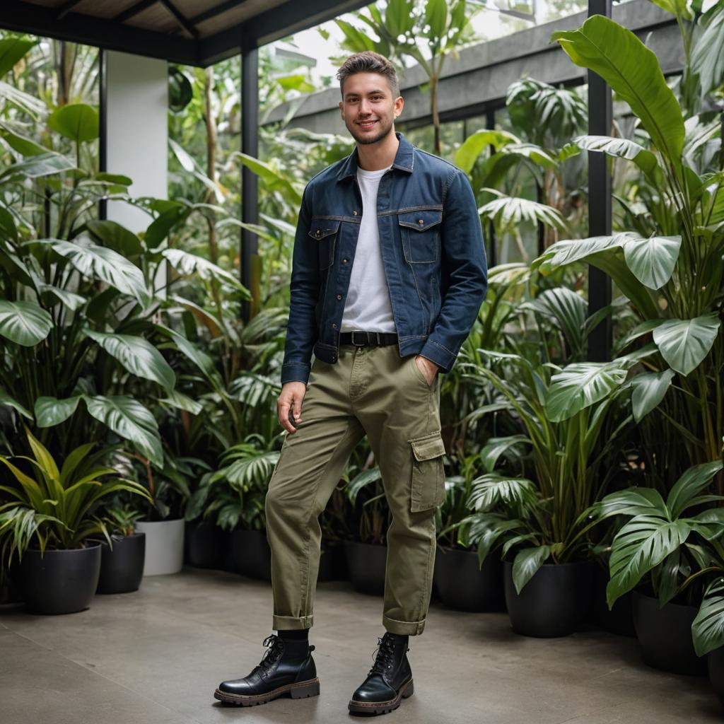 Stylish Man in Denim Jacket Surrounded by Greenery