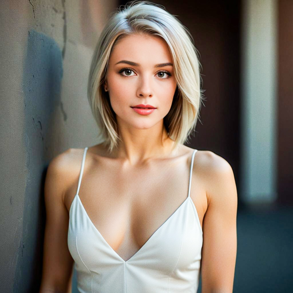 Elegant Blonde Woman in Chic White Dress