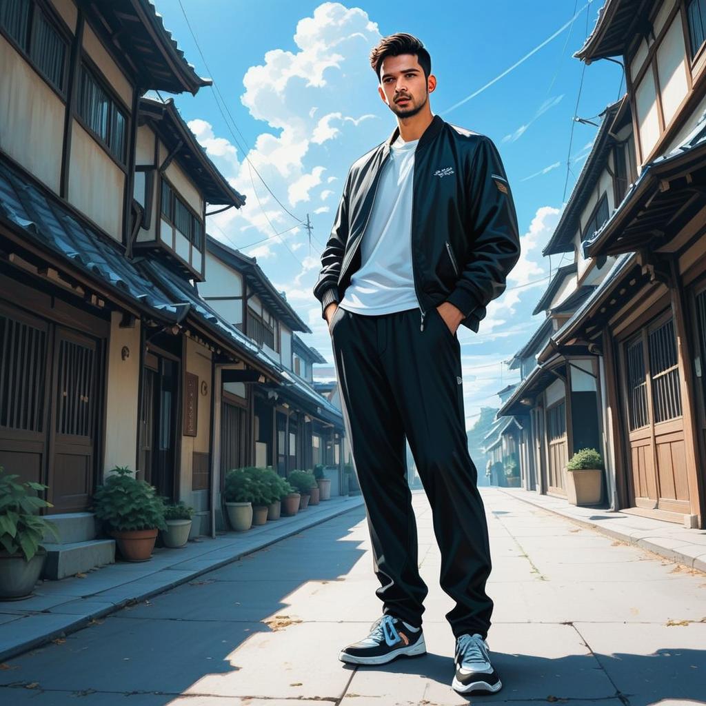 Stylish Young Man in Modern Outfit on Traditional Japanese Street
