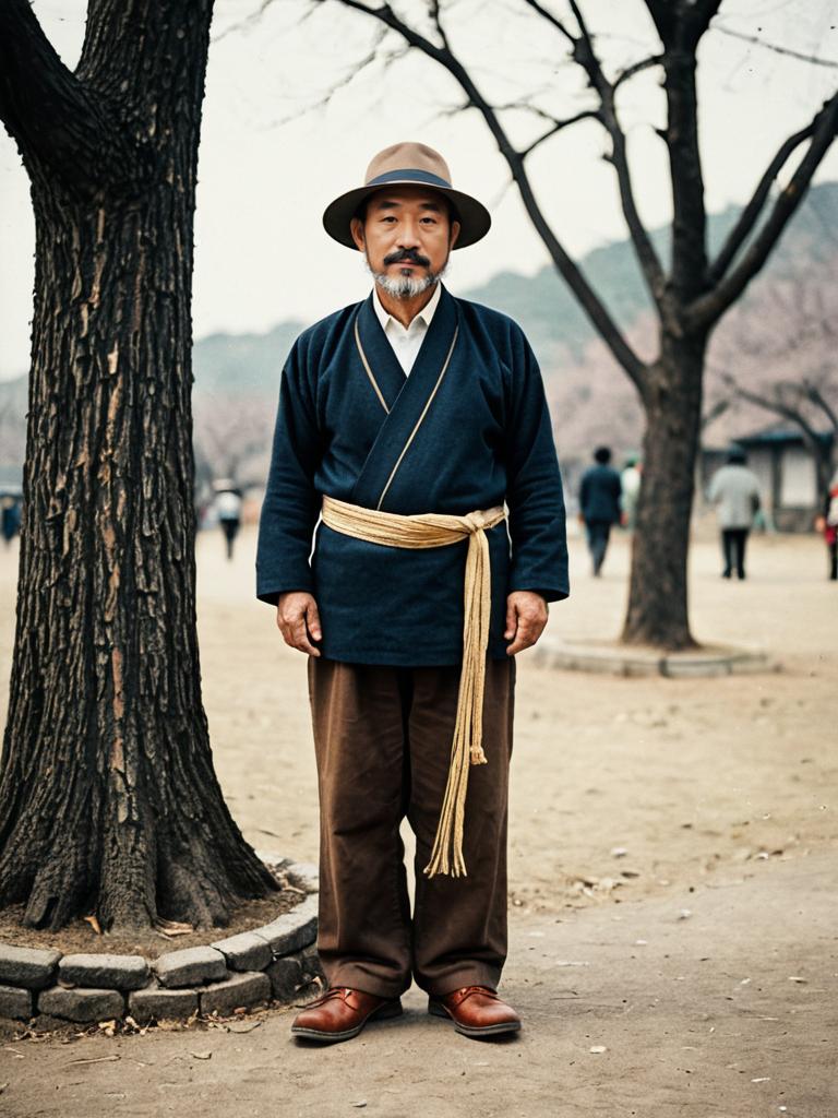 Asian Man in Traditional Modern Attire Standing Outdoors by Tree