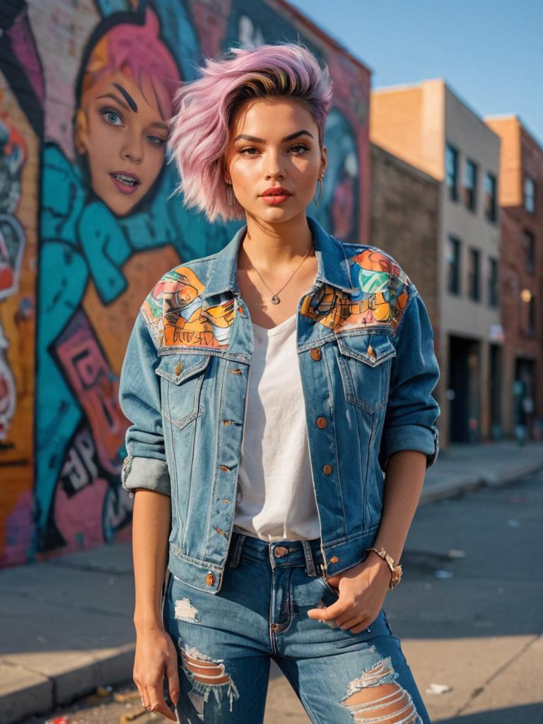 Fashionable Woman with Wolf-Cut Hairstyle in Urban Graffiti Setting