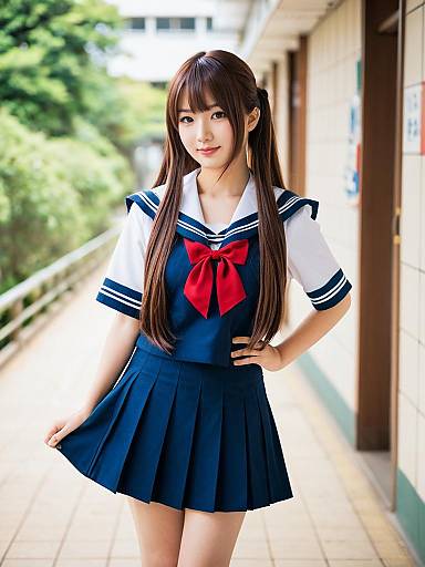 Japanese Woman in Traditional Sailor School Uniform with Red Bow