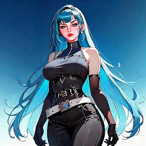 Futuristic Anime Woman with Long Blue Hair in Sleek Black Outfit