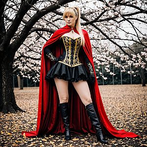 Woman in Red Cape and Black Gold Corset Cosplay Among Cherry Blossoms