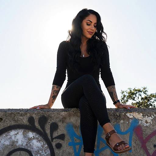 Stylish Woman Sitting on Graffiti Wall in Urban Outdoor Setting