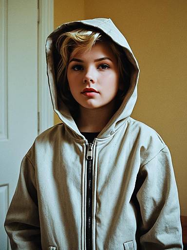 Young Woman in Beige Hooded Jacket with Grease Style Vibes