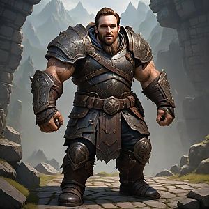 Muscular Man in Medieval Armor Among Ancient Ruins