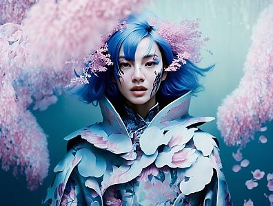 Woman with Blue Hair Among Ethereal Pink Flowers