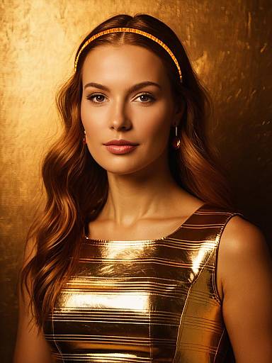 Woman in Glamorous Metallic Gold Sleeveless Top with Matching Accessories