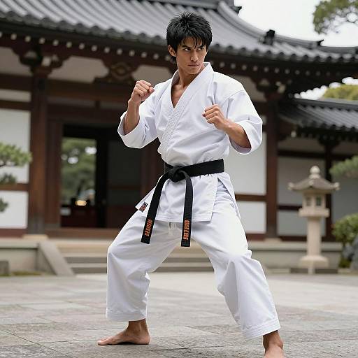 Young Man Practicing Karate Stance in Traditional Japanese Setting