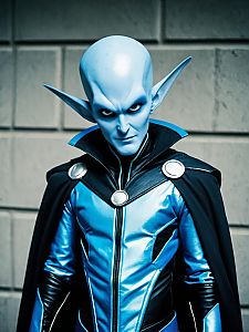 Megamind Cosplay Man in Blue Leather Suit with Cape Editorial Photo