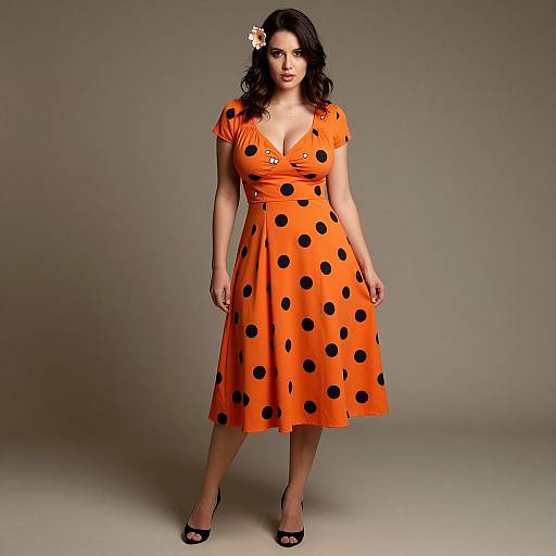 Woman in Retro Orange Polka Dot Dress with Flower Accessory