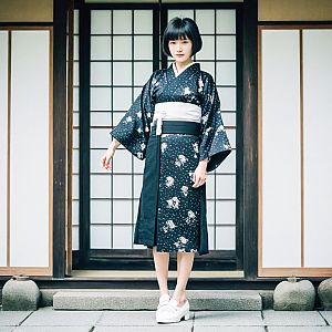 Woman in Black Kimono with Modern Shoes