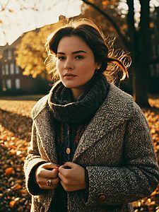 Woman in Vintage Cozy Fall Outfit During Golden Hour with Cinematic Realism