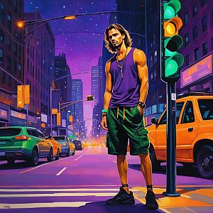 Young Man in Neon City at Dusk