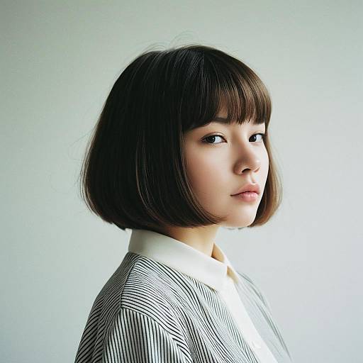 Portrait of a Young Woman with Bob Haircut and Striped Blazer