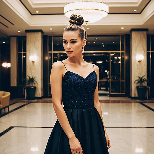 Elegant Woman in Sparkling Dark Blue Evening Gown in Luxurious Lobby