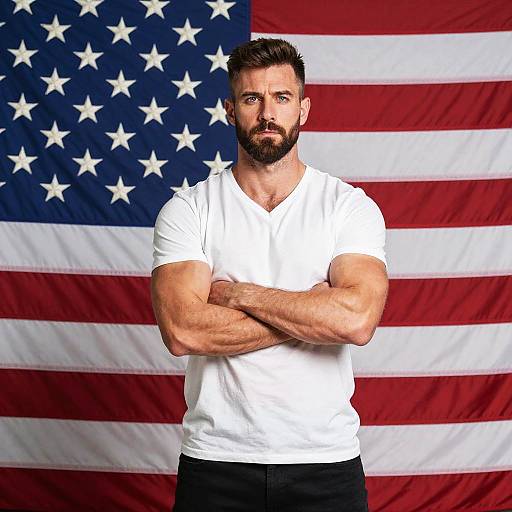 Confident Man Standing Proudly in Front of American Flag