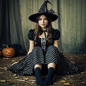 Young Woman in Classic Black Witch Costume Surrounded by Autumn Leaves