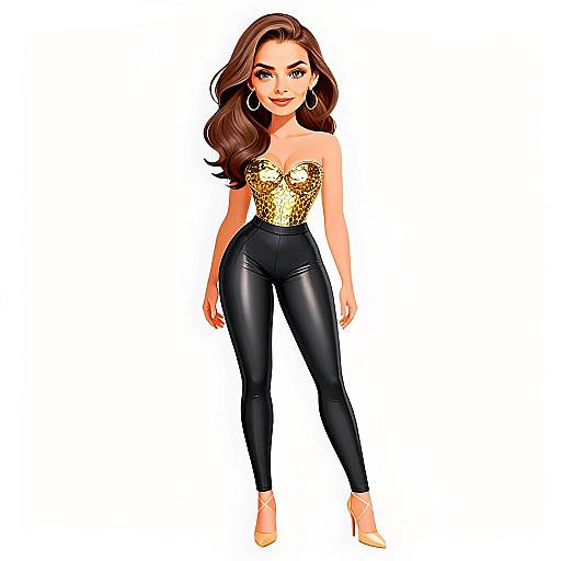 Stylish Woman in Gold Corset and Black Leather Pants Cocktail Outfit Illustration