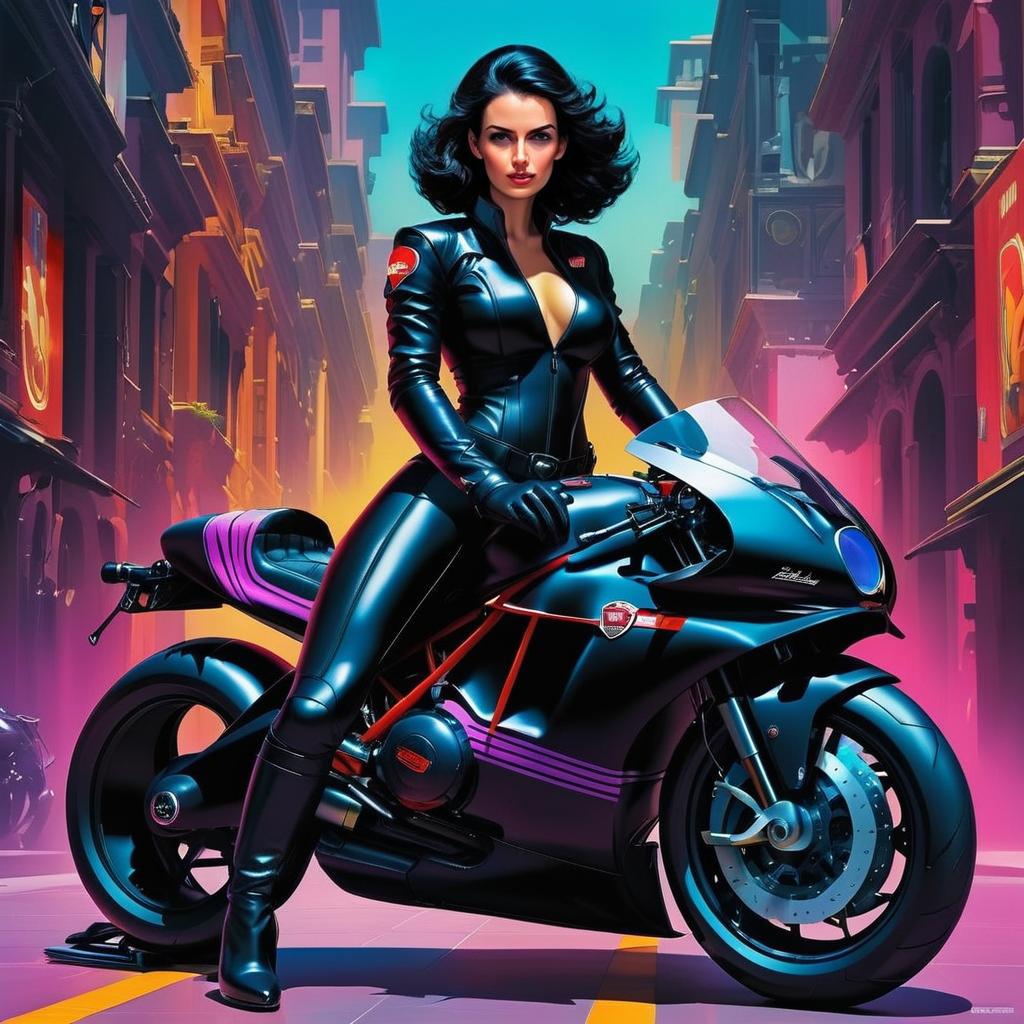 Cyberpunk Woman on Futuristic Motorcycle in Neon City