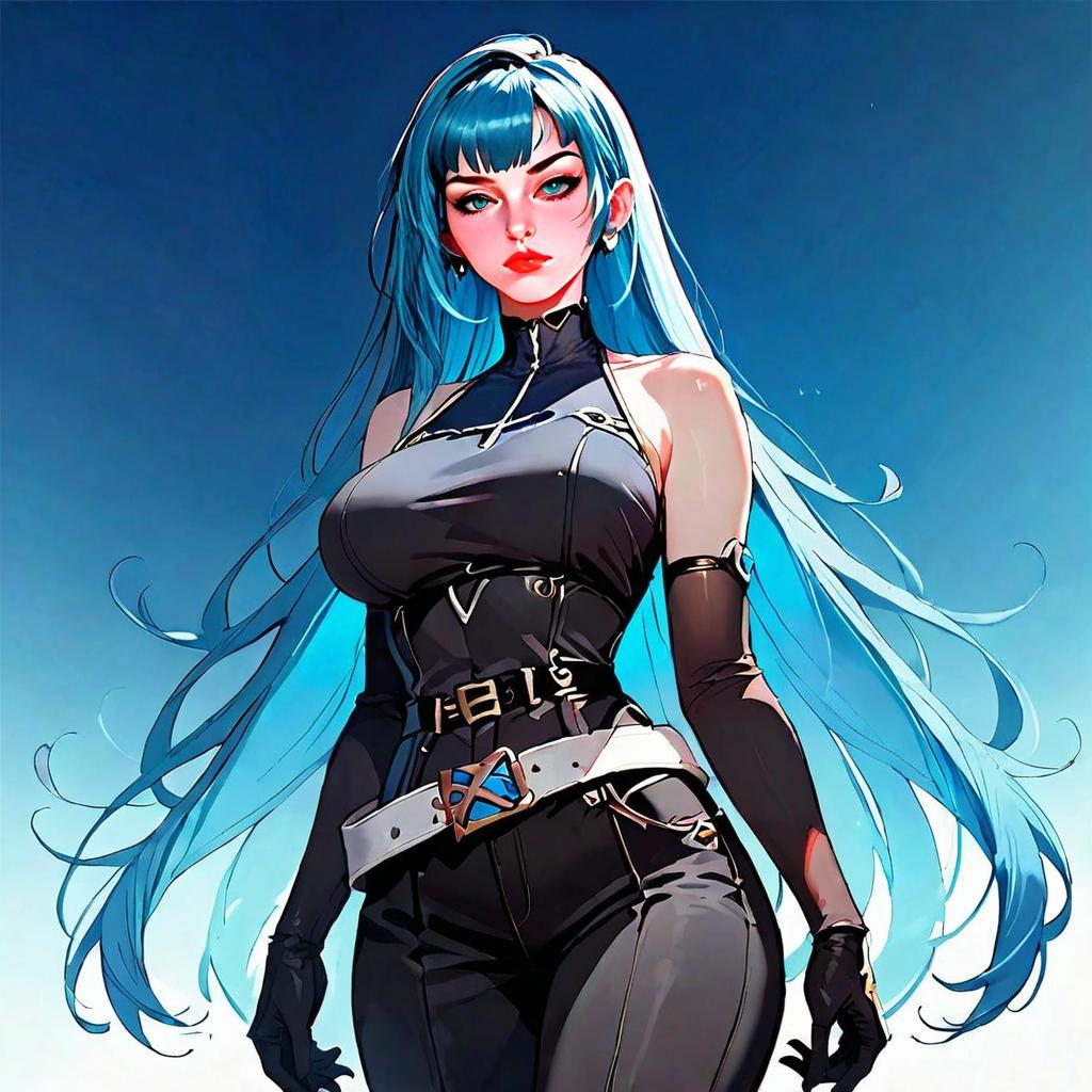 Futuristic Anime Woman with Long Blue Hair in Sleek Black Outfit