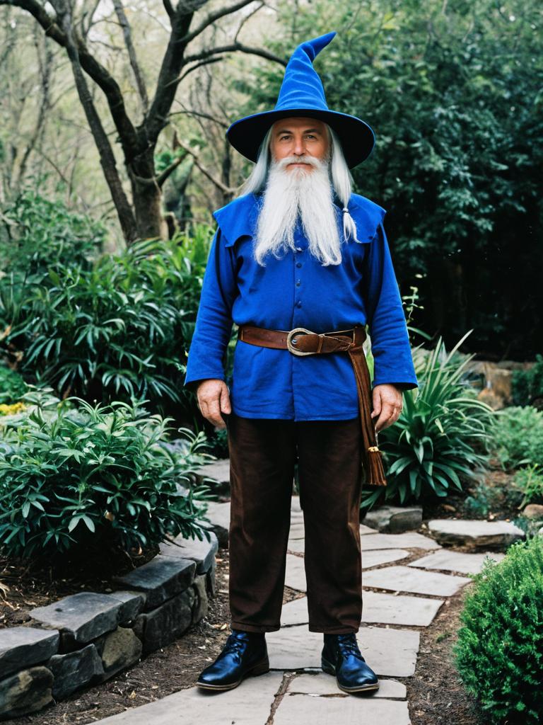 Man in Blue Wizard Costume Standing on Garden Path Man in Blue Wizard Costume Standing on Garden Path