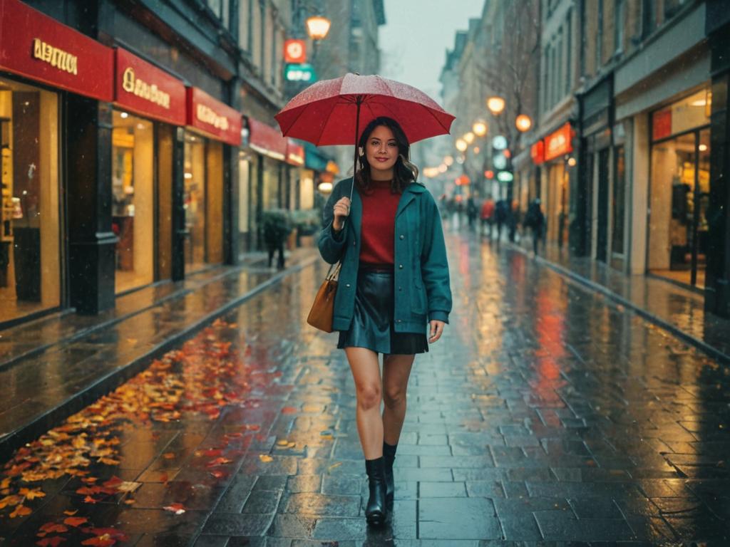 Chic Woman with Red Umbrella in City Rain