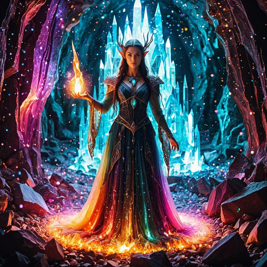 Mystical Elf Woman Sorceress in Enchanted Crystal Cave Fantasy Art