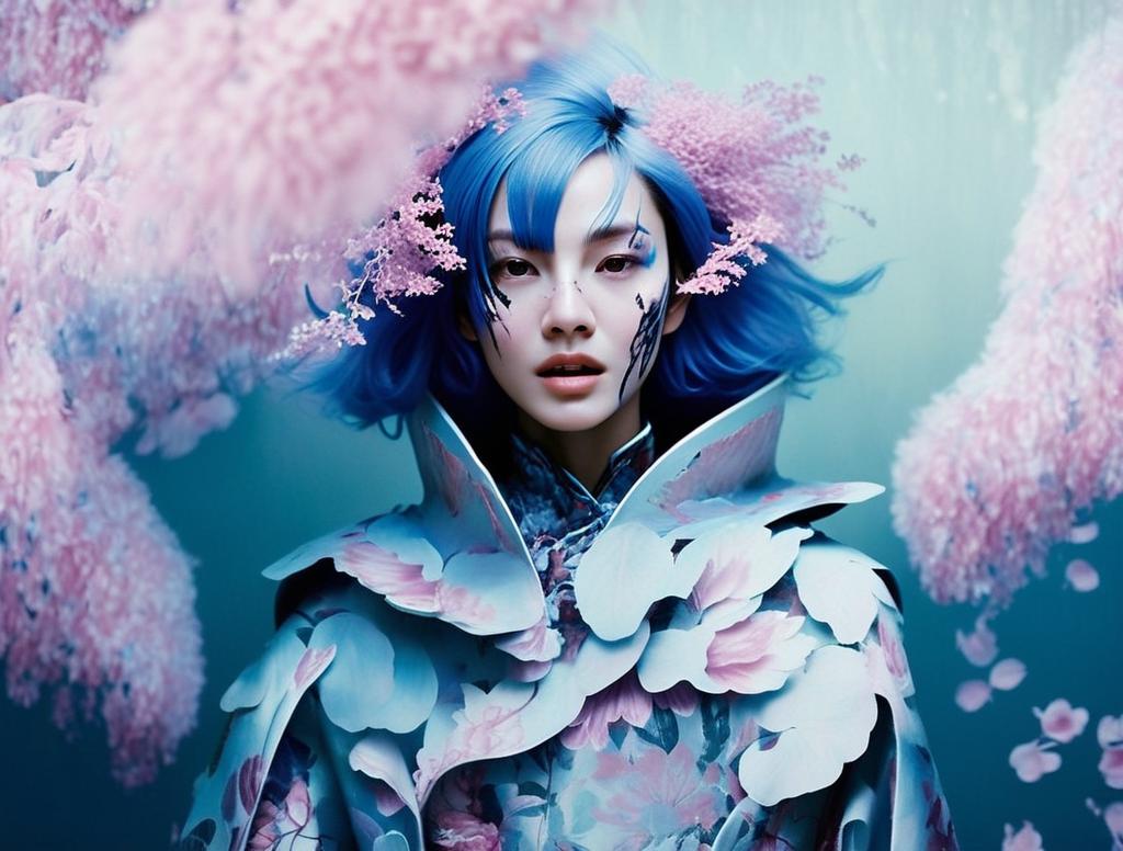 Woman with Blue Hair Among Ethereal Pink Flowers Woman with Blue Hair Among Ethereal Pink Flowers